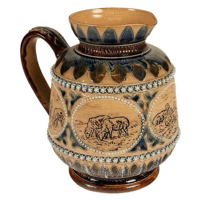 Tan Antique Aesthetic Movement Doulton Lambeth Hannah Barlow Stoneware Jug Sheep, 1873 For Sale - Image 8 of 17