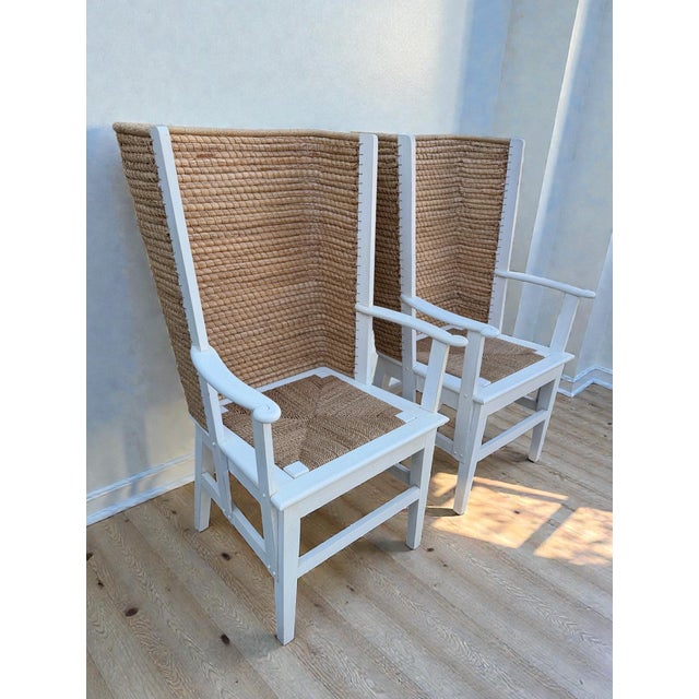 Farmhouse Vintage Orkney Hand Woven High Back Chairs Pair For Sale - Image 3 of 6