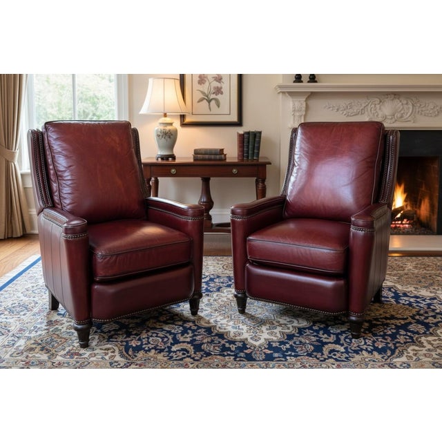 Rich patina oxblood leather, timeless English-inspired styling, and exceptional comfort make this pair of 1980s recliners...