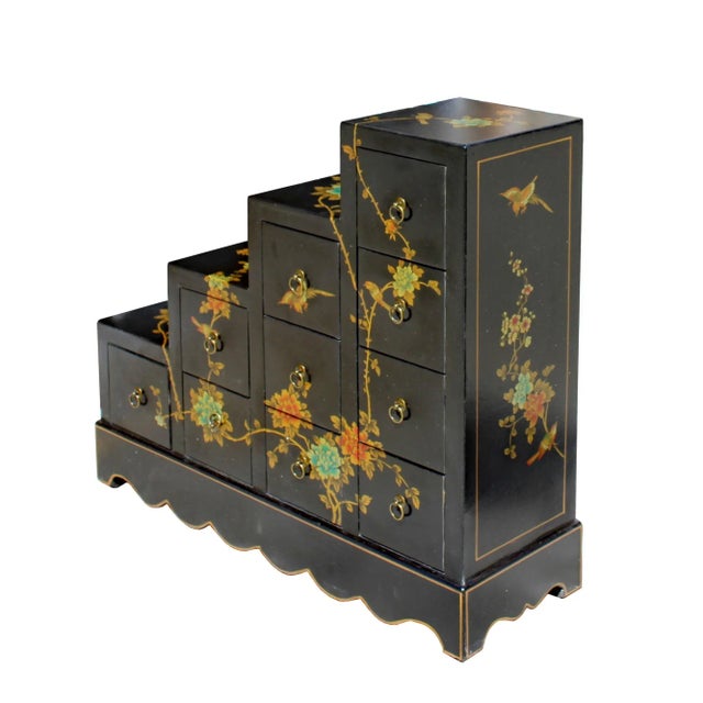 Asian Oriental Black Color Vinyl Flower Birds Step Tansu Cabinet For Sale - Image 3 of 8