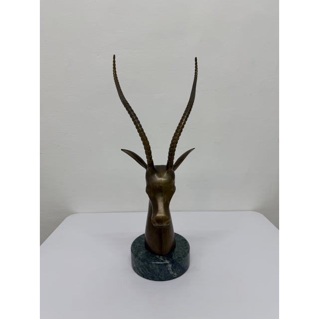 1960s Brass Gazelle Sculpture on Variegated Green Marble Base, 1970s For Sale - Image 5 of 18