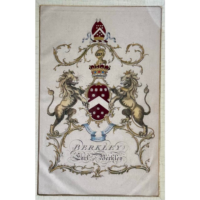 English Pair of Framed 18th-Century Hand-Colored English Armorial Engravings – Belasyse and Berkeley. For Sale - Image 3 of 11