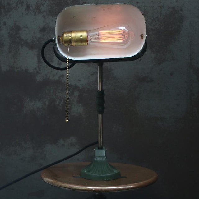 Vintage Industrial Green Enamel Banker Light For Sale - Image 6 of 8