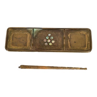 Tiffany Studios New York Bronze and Abalone Pen Tray With Pen For Sale