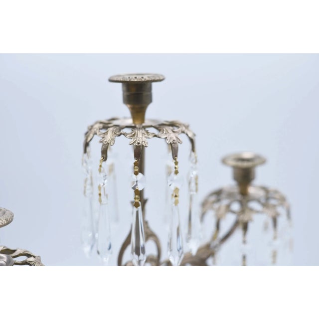 18th Century Cast Brass Three Candle Crystal Girandole on Marble For Sale - Image 10 of 12
