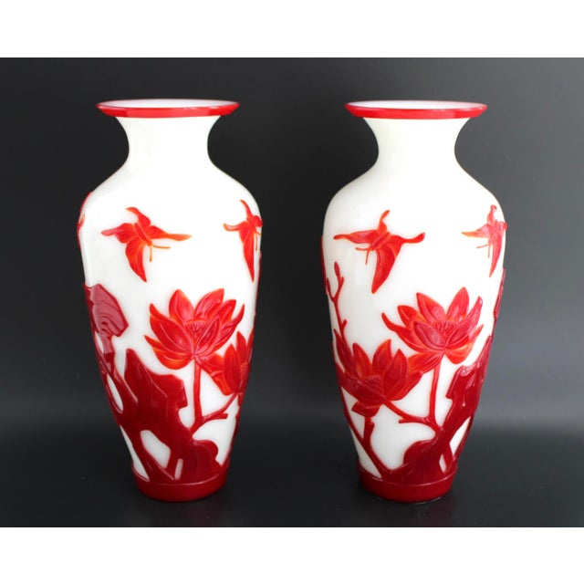 Asian Antique Antique Pair of Chinese Peking Glass Vases W/ Birds & Lotus Flowers, C1900, 10” For Sale - Image 3 of 14