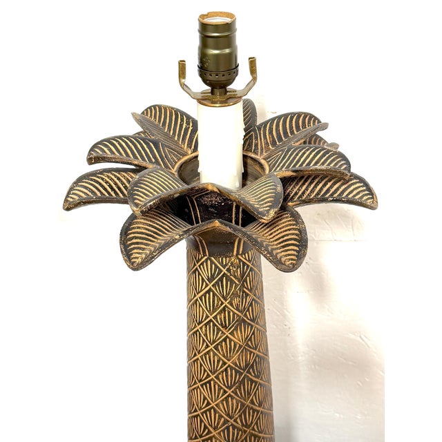 Late 20th Century Pair of British Colonial Style Bronze Palm Tree Lamps with Carved Tribal Motifs For Sale - Image 4 of 12