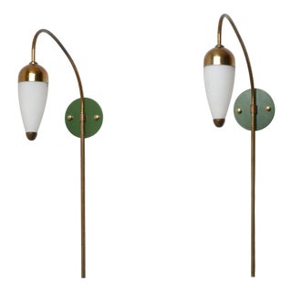 Vintage Italian Wall Sconces in Green Lacquered Brass and Opaline Glass, 1950s, Set of 2 For Sale