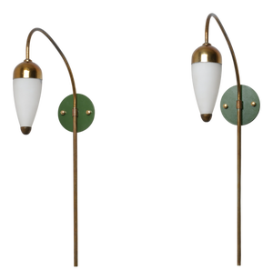 Vintage Italian Wall Sconces in Green Lacquered Brass and Opaline Glass, 1950s, Set of 2