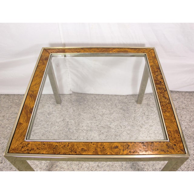 Mid-Century Modern 1960s Mid Century Modern Burl Wood & Brass Square Side Table With Glass Top, Manner of Mastercraft For Sale - Image 3 of 7