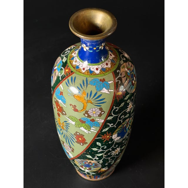 Metal Antique Japanese Meiji Cloisonné Vase - Phoenix & Aventurine Goldstone, 7" For Sale - Image 7 of 7