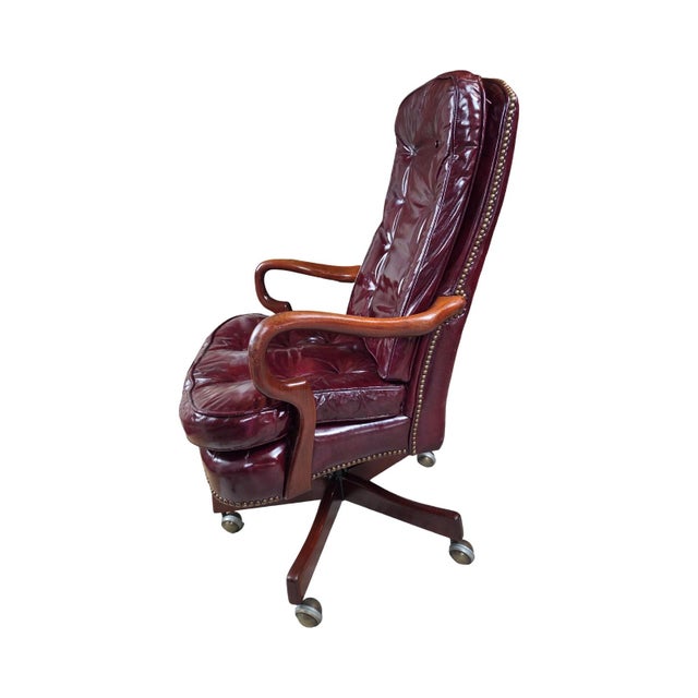 1994 Classic Leather Burgundy Top-Grain Leather Tufted Executive Swivel Chairs – Pair For Sale - Image 10 of 12