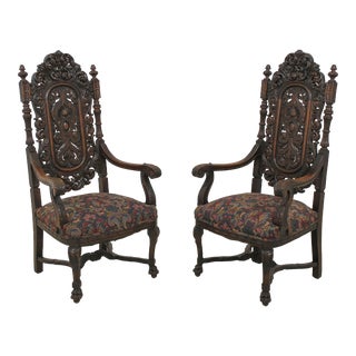 Pair Carved Walnut Rj Horner Attributed Throne Chairs For Sale