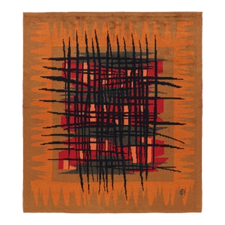 Vintage Square Rug in Orange With Swedish Style Geometric Patterns - Rug & Kilim For Sale