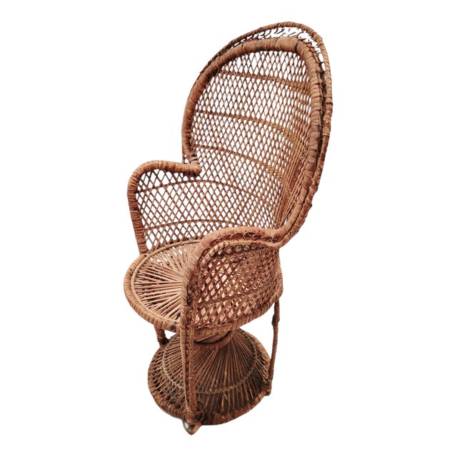 Vintage Rattan Junior Emmanuelle Wicker Peacock Throne Chair, 1960s For Sale