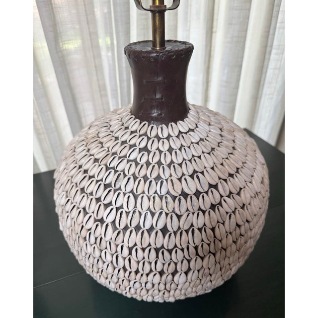 Metal South Pacific Cowrie Shell Encrusted Table Lamps Ikat Style Shades - A Pair For Sale - Image 7 of 12