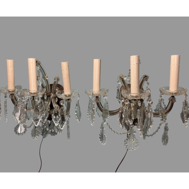 Pair of Vintage Italian Style 3 Light Candelabra Wall Lamp Sconces With Prisms For Sale - Image 10 of 10