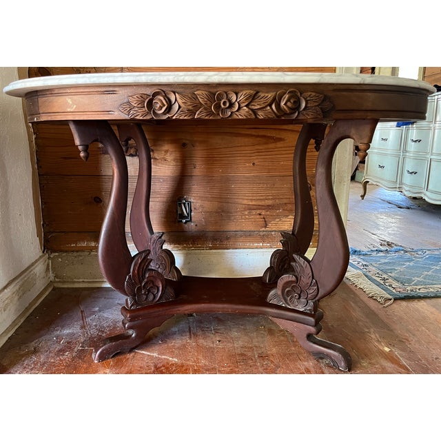 Mid 20th Century French Provincial Style Oval Marble-Top Center Table | Italian Marble | Carved Rose Garland Apron | Lyre Base For Sale - Image 9 of 14