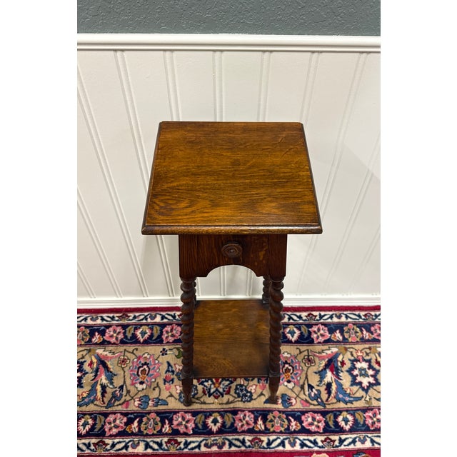 Jacobean Antique English 4-Post Barley Twist Pedestal Plant Stand Jacobean Oak 36" Tall For Sale - Image 3 of 18
