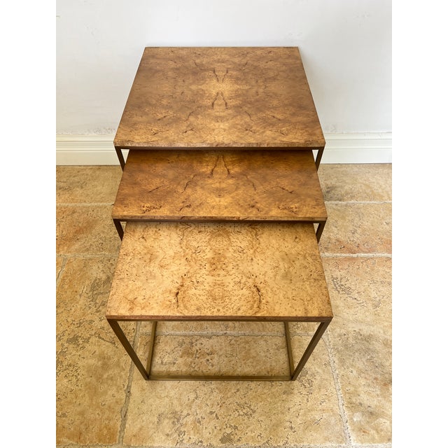 Contemporary Late 20th Century Burlwood/Brass Nesting Tables - Set of 3 For Sale - Image 3 of 13