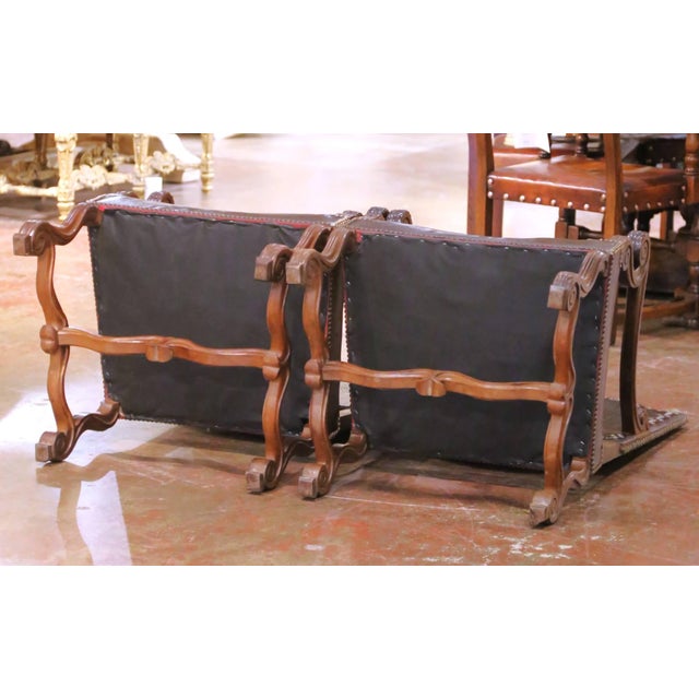 Pair of 19th Century French Louis XIII Walnut Armchairs With Embossed Leather For Sale - Image 14 of 14