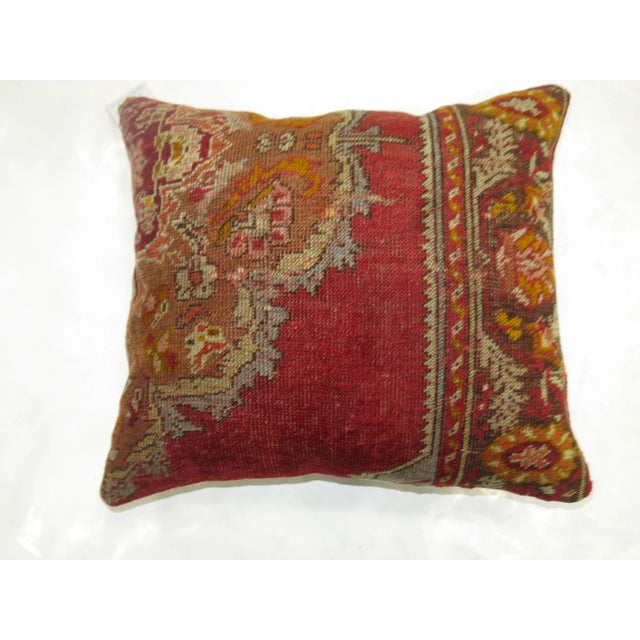Art Deco Red Pillow Made from Antique Turkish Antique Rug For Sale - Image 3 of 3
