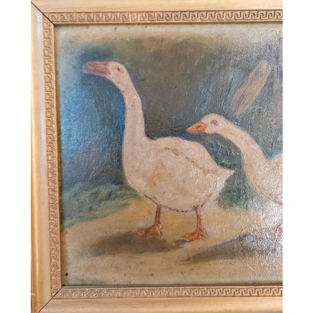 19th Century Rustic Primitive Naive Oil Painting of Non-Violent Geese or Swans For Sale - Image 4 of 7