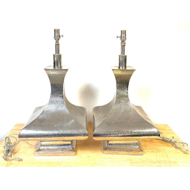 Modern Late 20th Century Monumental Hand-Hammered Silver-Plated Modernist Table Lamps - a Pair For Sale - Image 3 of 18