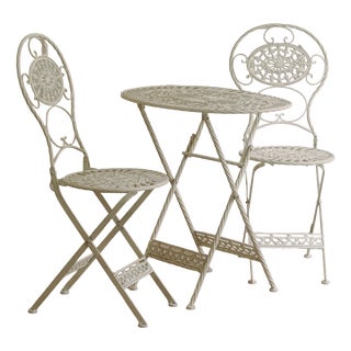 Folding Garden Seating Set with Openwork Ornamentation White Metal, Set of 3 For Sale