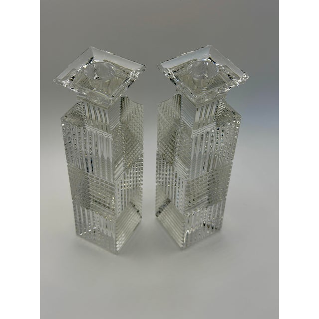 Pair of Vintage Val Saint Lambert Belgian Crystal Candlesticks – Geometric Art Deco Style Clear Cut Crystal Candle Holders For Sale In Chicago - Image 6 of 6