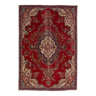 1960s Vintage Persian Tabriz Handmade Medallion Red Wool Rug For Sale