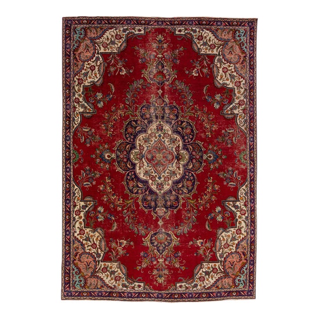 1960s Vintage Persian Tabriz Handmade Medallion Red Wool Rug For Sale