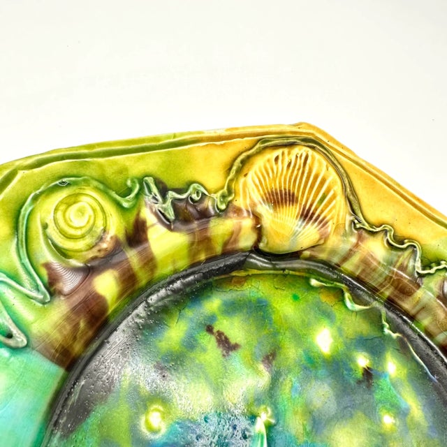 Early 21st Century Early 21st Century Studio Pottery Heptagon Fish Majolica Decorative Plate in Blue & Yellow For Sale - Image 5 of 8