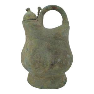 Chinese Bronze Ware Dynasty Kettle Cockscomb Flask With Archaic Horse Design