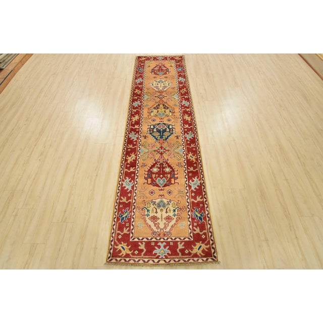 Farmhouse Kazak Runner 2’8” X 9’9” Gold Wool Tribal Hand-Knotted Oriental Rug For Sale - Image 3 of 13