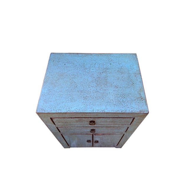 Abstract Distressed Marks Gray Blue 2 Drawers End Table Nightstand For Sale - Image 3 of 5