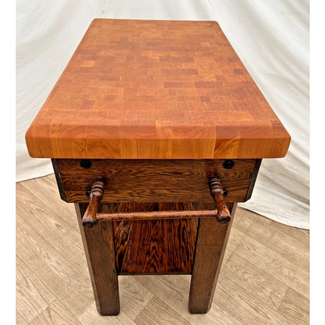 Brown Vintage Butcher Block Carving Table Oak Base With Drawer Shelf End Cut Maple Top For Sale - Image 8 of 15