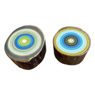 Tracy Melton Hand Painted Tree Wood Art Blocks Signed Folk Art Set of 2 For Sale