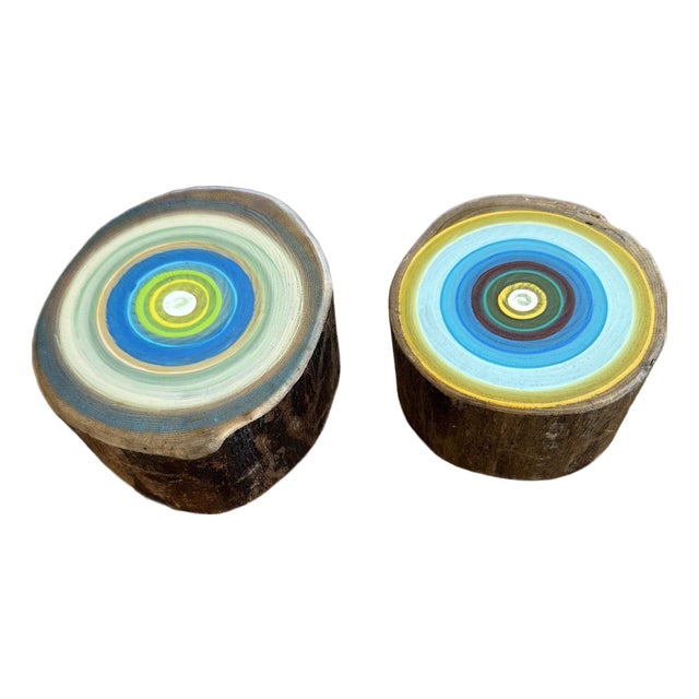 Tracy Melton Hand Painted Tree Wood Art Blocks Signed Folk Art Set of 2 For Sale