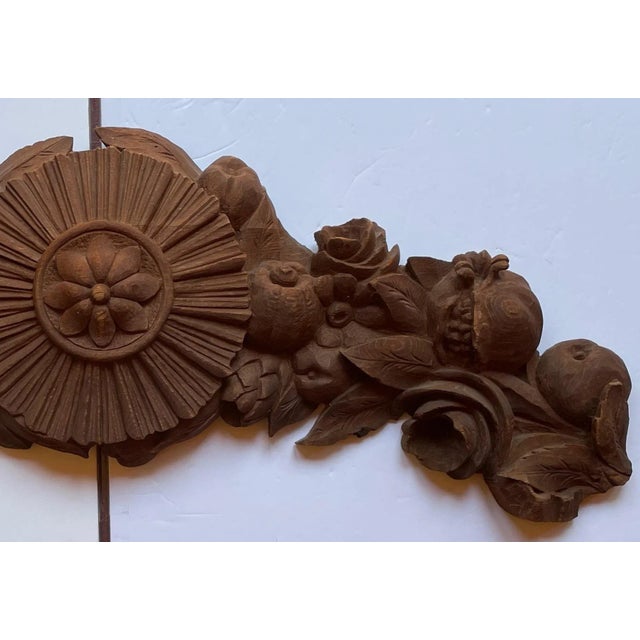 Large Antique Carved Oak Sunburst Rose and Pomegranate Pediment - For Sale - Image 4 of 8