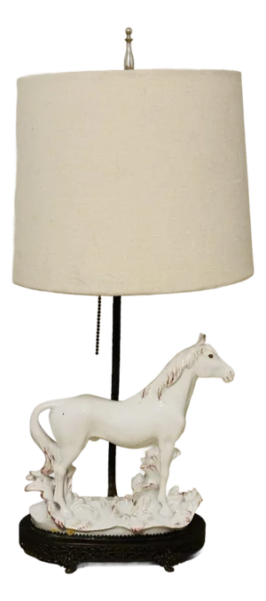 Vintage French White Porcelain & Brass Horse Lamp in the Style of Ralph Lauren Circa 1950s