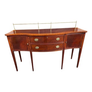 Stately Ethan Allen Hepplewhite Style Inlaid Mahogany Sideboard With Brass Gallery For Sale