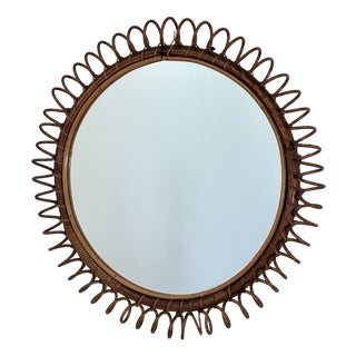 Round Bamboo Mirror, 1970s For Sale