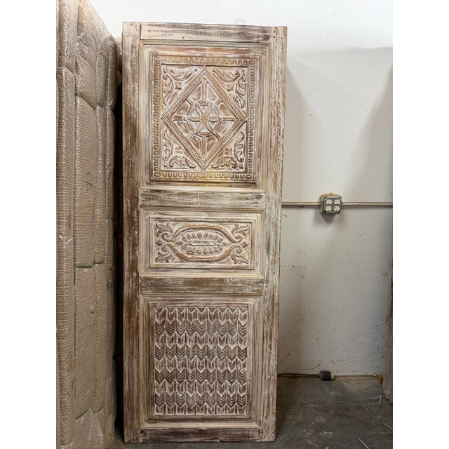 Vintage Whitewashed Carved Wood Door – Rustic Sliding Barn Door or Hinged Statement Entry Panel 80x30 For Sale - Image 4 of 8