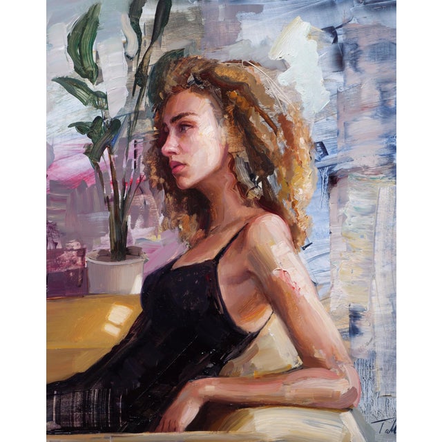 This oil on panel artwork captures a moment of introspection as a woman lounges in a sunlit room, her relaxed posture...