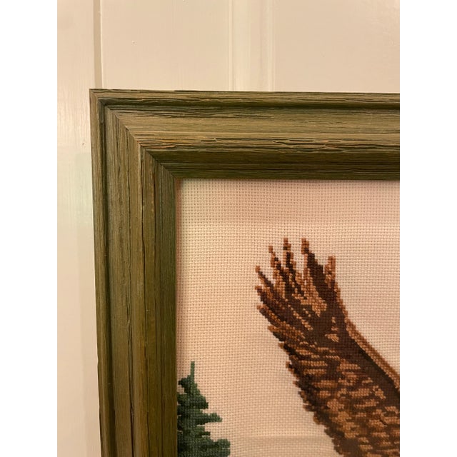 Textile Art of a Flying Eagle and Evergreens Framed Needlepoint Cross Stitch