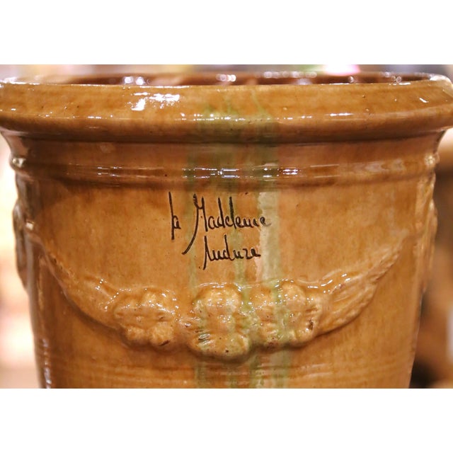 Early 21st Century Pair of French Anduze Terracotta Planters in Ochre Glaze Signed La Madeleine For Sale - Image 5 of 9