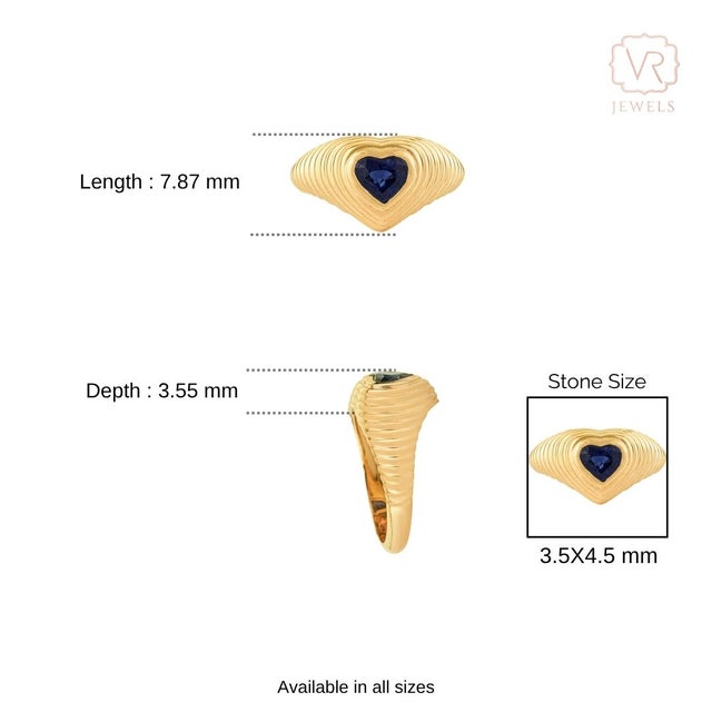 14k Gold Fluted Vintage Dome Ring Size 4 With Heart-Cut Blue Sapphire For Sale - Image 13 of 18