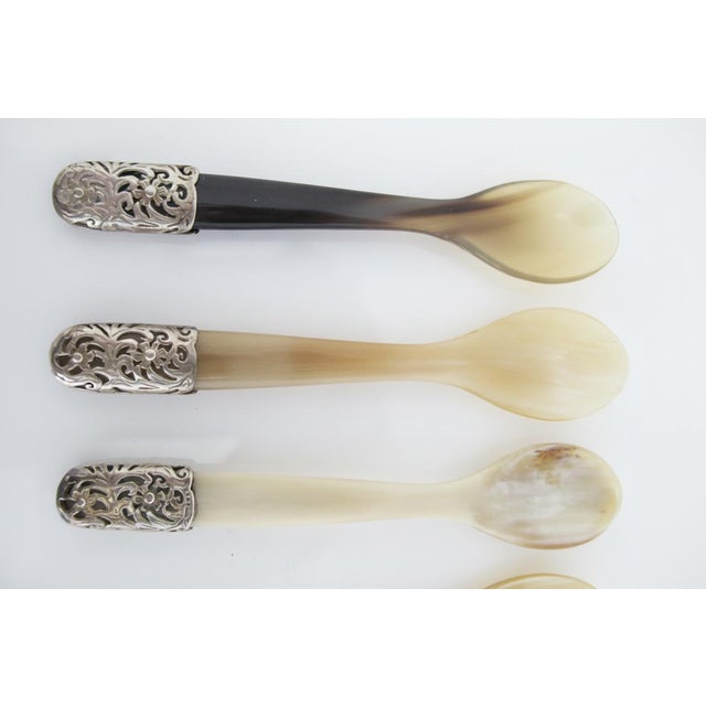 Vintage Natural Horn Sterling Silver Floral Mounted Caviar Spoon - Set of 7 For Sale - Image 4 of 9