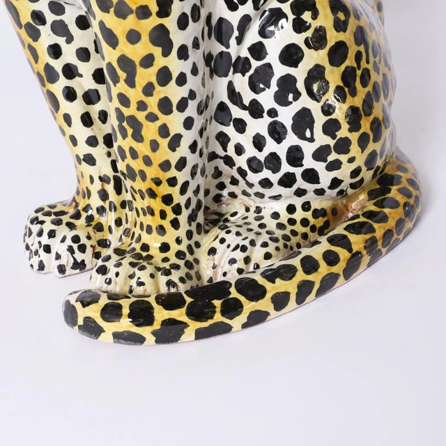 Pair of Vintage Italian Glazed Terra Cotta Leopard or Cat Sculptures For Sale - Image 9 of 10
